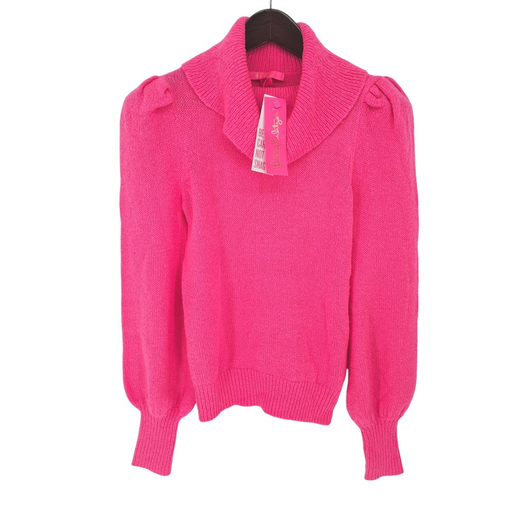 Lilly Pulitzer Pink Cowl Neck Sweater Womens XXS Pleated Puff Sleeve Cozy Knit